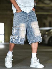 Manfinity Roughcore Thời trang đường phố mùa hè dành cho nam giới: Quần short denim ống rộng, rách gấu, dáng rộng, quần short họa tiết, quần short denim nam, quần short denim tua rua sáng tạo, quần short denim vá, quần short denim rách màu tương phản, quần short denim nam thường ngày. - Rửa nhẹ - Xem 4