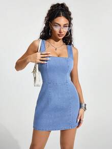 Jeanoix 女士露背打结设计休闲日常牛仔连衣裙 - 藍色 - 查看 7