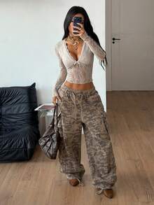 Coolane Women's Fall/All-Season Streetwear Rave Outfit Festival Boho Western Wear Y2K Gyaru Lace V-Neck Long Sleeve Tees - Khaki - View 8