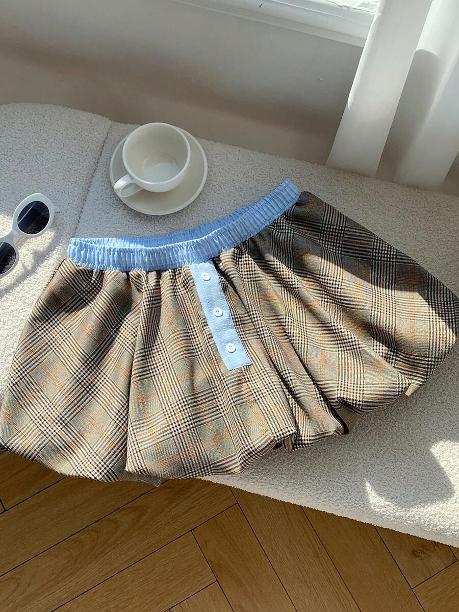 Comfortcana Women's Casual Commuting Collegiate Style Contrast Color Elastic Waist Plaid Print Bubble Skirt, Summer - Multicolor - View 1