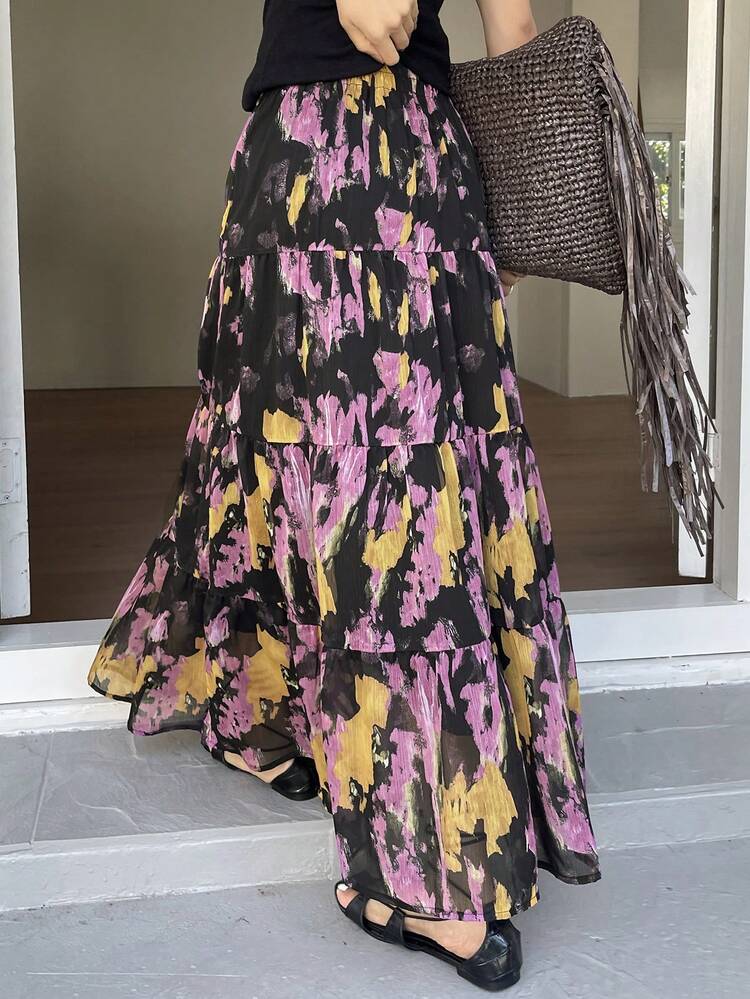 Women's Casual Fashionable Resort Style Full Print Tiered Hem Skirt, Spring/Summer/Autumn