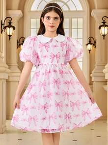 SHEIN 少女優雅蝴蝶結圖案花瓣袖公主裙 - 粉色 - 查看 5