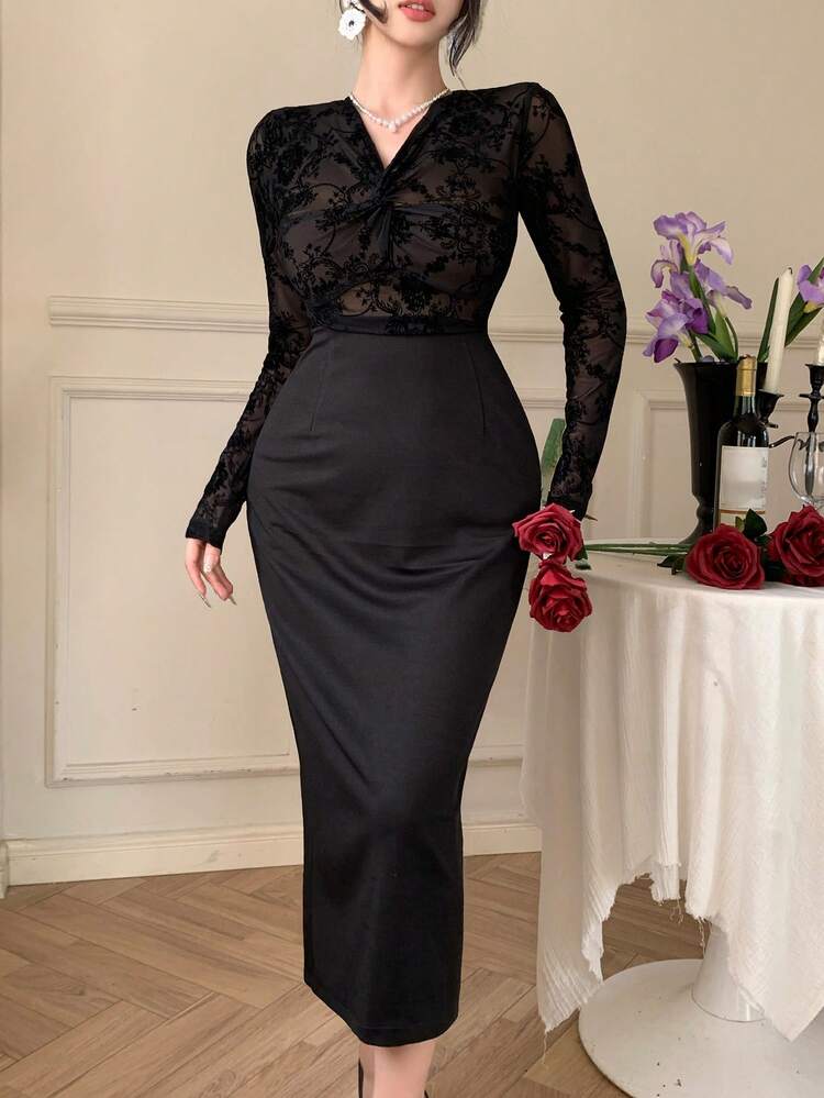 Elegant V-Neck Twist Lace Long Sleeve Dress For Women, Stylish & Charming