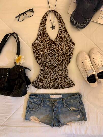 Glimmora Top corto sin mangas con estampado de leopardo de moda callejera Y2K, casual de verano para mujer