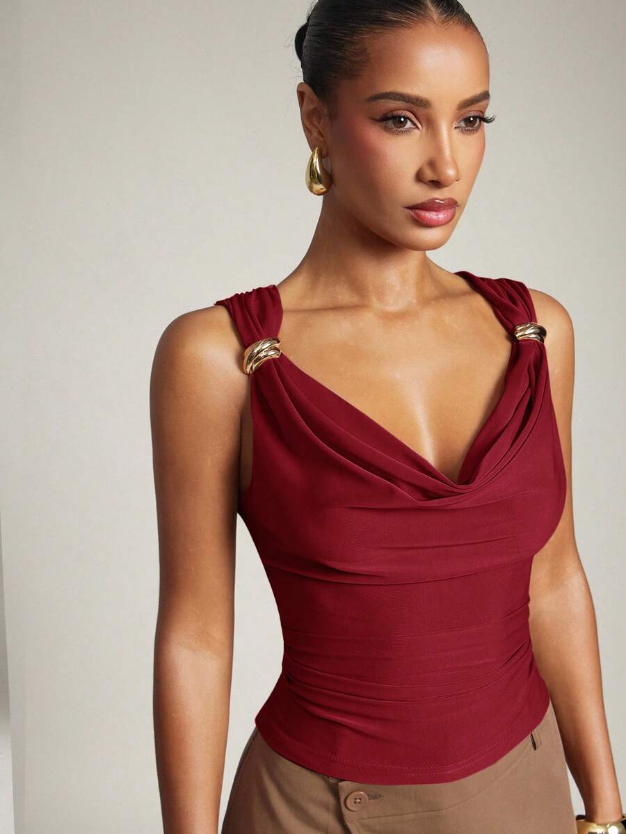 Hauture Women's Basic Casual Office Ruched Shoulder With Gold Decor Cowl Neck Top - Red - View 1