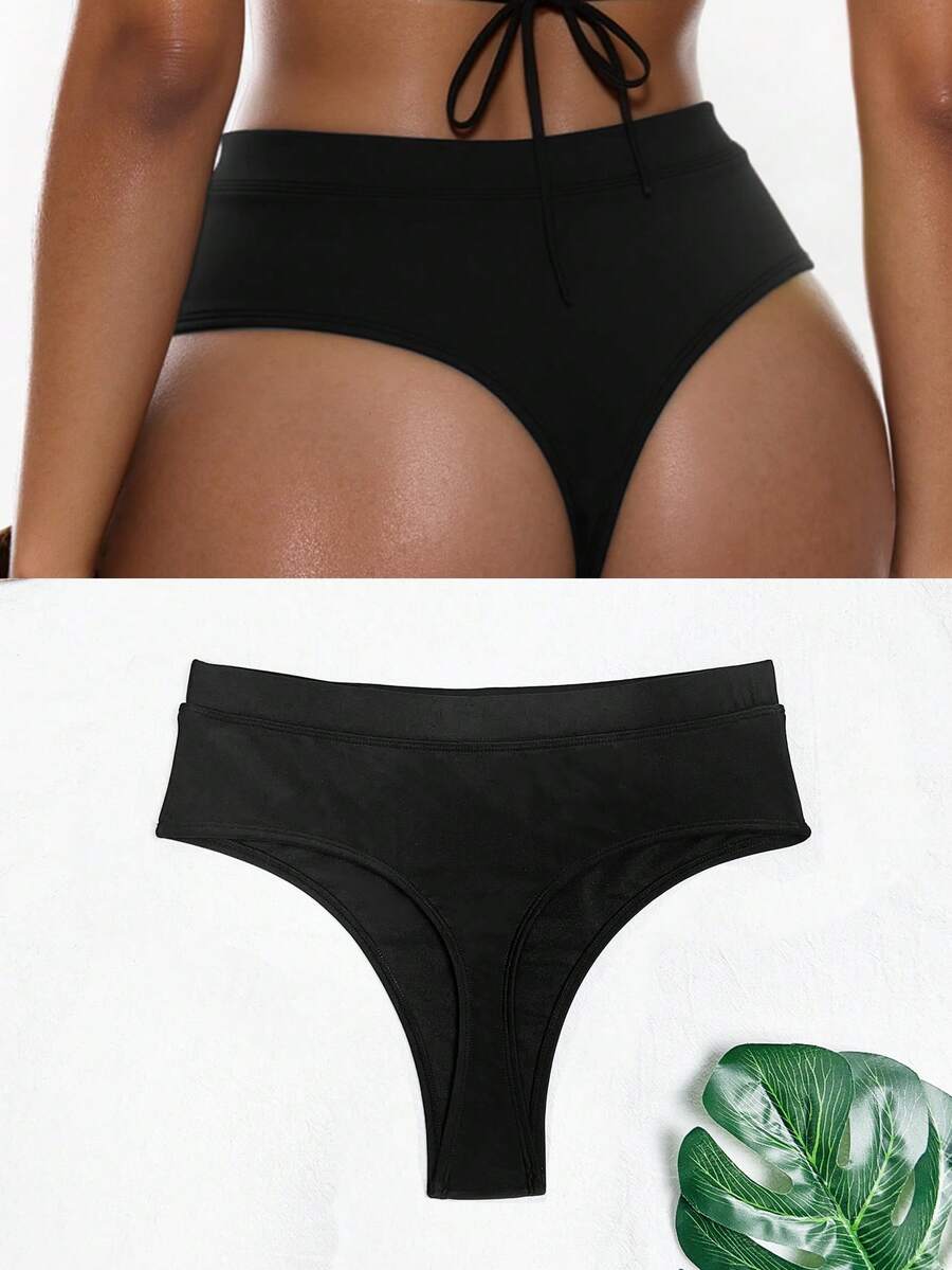 Swim Basics 女士纯色性感比基尼泳裤丁字裤 - 黑色 - 查看 1