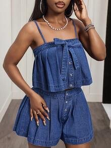 Slaydiva Women's Summer Casual Commuting Knotted Front Pleated Cropped Denim Camisole - Blue - View 5