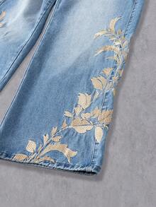 Manfinity Denimwave 秋冬季年轻街头风水洗蓝色直筒宽松花卉植物刺绣牛仔裤 - 藍色 - 查看 3