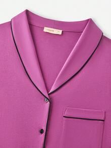 LUVLETTE Conjunto de pijama de algodón 100% puro suave con pantalón y top con botones y ribete de contraste para tallas grandes - Morado - Ver 4