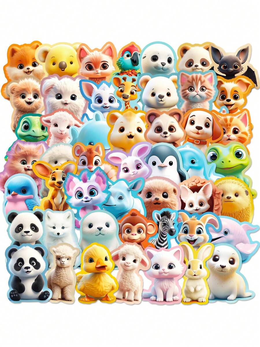 50张3D动物卡通贴纸,适合儿童、幼儿园使用,也可作为奖励/笔记本装饰 - 彩色 - 查看 1
