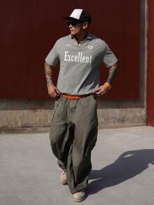 DAZY 男士字母印花半拉链灰色T恤，夏季款 - 灰色 - 查看 7