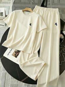 SHEIN 2pcs Tween Girls Casual Sports Set, Loose Embroidered Short Sleeve Top + Long Pants, Versatile For Daily, Home, School Wear - Apricot - View 2