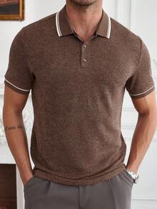 Core Aspect 男士提花针织翻领 Polo 衫，男士条纹纹理 Polo 衫，针织提花条纹纹理面料，适合送给丈夫和男友，也可作为朋友的礼物，适合日常外出、朋友聚会和休闲周末穿着，INS 上的畅销百搭单品，男士纽扣针织 Polo 衫，棕色男士上衣，男士 Polo 衫，正式 Polo 衫，优雅 Polo 衫，商务 Polo 衫，复古休闲 Polo 衫，男士针织 Polo 衫 - 棕色 - 查看 4