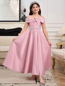 Sparklyn Tween GirlsElegant Solid Color Snug Fit High Waist High Slit Asymmetric Ruffle Hem Midi Dress, Suitable For Parties, Banquets, Flower Girl Weddings, Birthdays And Other Important Occasions - Pink - View 2