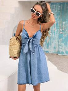 Vivid Eden Rochie camisol din denim pentru femei, stil casual de vară, cu talie nodată în față, stil vacanță - Spălare ușoară - Vizualizare 4