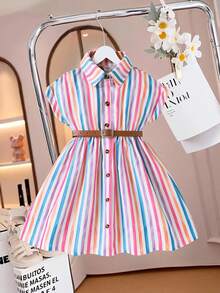 Elladie kids Đầm sơ mi dáng rộng, vai rớt, kẻ sọc nhiều màu sắc, cổ bẻ, cài cúc phía trước dành cho bé gái, kèm thắt lưng thời trang, thích hợp cho mặc hàng ngày hoặc thoải mái trong các kỳ nghỉ. - Nhiều màu - Xem 4