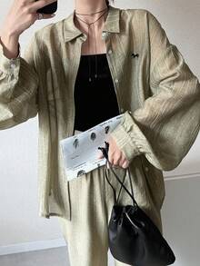 FRIFUL 女士舒适休闲衬衫和阔腿裤两件套 - 綠色 - 查看 4