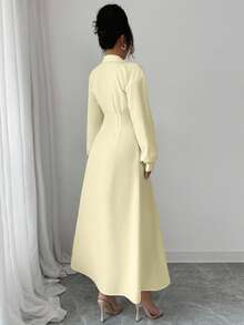Modelyn Women's White Waist Cinched Shirt Collar Design Dress Solid Color Dress Long Sleeve Long Dress French Style Dress - Yellow - View 2