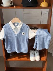 SHEIN 2 Stücke/Set Kleine Jungen Lässig Komfortable Mode Minimalistisch Praktisch Vielseitig Waffel Stoff Buchstaben Grafik Kurzarm T-Shirt und Shorts Set, geeignet für den täglichen Gebrauch, Schule, Ausflüge, Sport, Frühling/Sommer - Blau - Übersicht 6