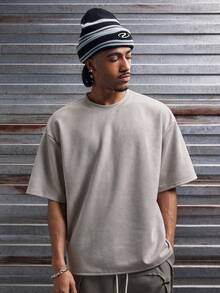 AXEPEAK Men's Letter Embroidery Round Neck Casual Loose T-Shirt - Light Grey - View 5