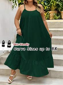 SHEIN CURVE+ Solid Color Plus Size Tank Top Swing Dress,Long Vacation Dress, Wedding Anniversary, White Dress, Long White Dress Boho Vacation, Summer Dresses - Dark Green - View 1