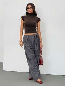 SHEIN Tall 女士秋冬短袖高领修身薄款抓绒针织衫，春夏皆宜 - 咖啡棕 - 查看 6