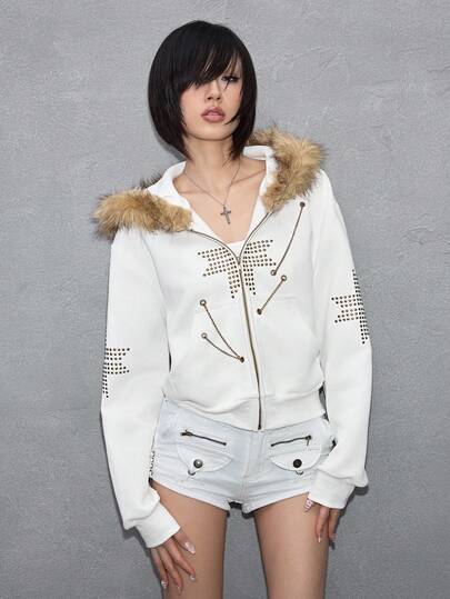 J-Fashion Women's Retro Punk Rivet Grommet Chain Furry Patchwork Hoodie Sweatshirt