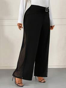 Femmeverse 大码女式时尚装饰纽扣网眼拼接设计阔腿纯色裤 - 黑色 - 查看 3