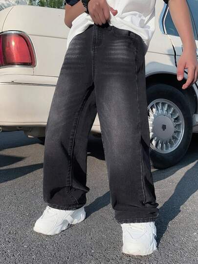 Little Byeori Tween Boy Fashion Casual Y2k Vintage Cool Street Basic Simple And Comfortable Black Denim Loose Straight-Leg Jeans For Dailywear And Spring And Summer Rave Festival And Streetwear