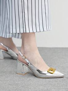 CUCCOO BIZCHIC 女士经典简约酒红色粗跟鞋，适合通勤、约会、派对、度假、圣诞节婚礼等各种场合。 - 亮白銀 - 查看 6