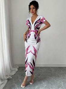 Elenzga V-Neck Waist Gathered Pleated Bodycon Elegant Romantic Sophisticated Women Dress, Suitable For Vacation - Multicolor - View 1