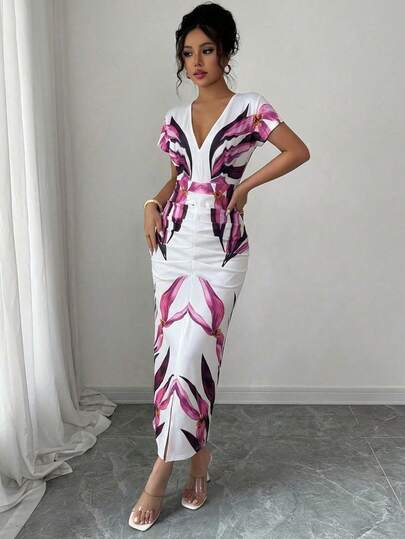 Elenzga V-Neck Waist Gathered Pleated Bodycon Elegant Romantic Sophisticated Women Dress, Suitable For Vacation