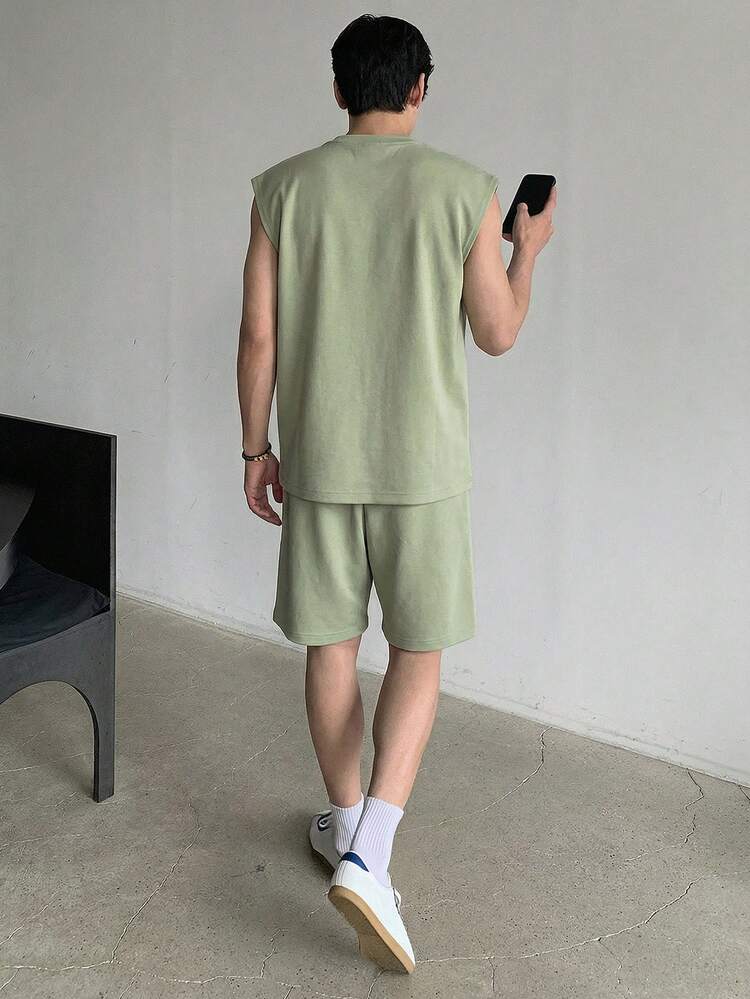 Green Letter Print Tank Top And Shorts Set For Men, Spring/Summer