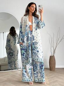 EURMUSE 女士蓝色印花开襟长袍两件套——和服式开衫和阔腿裤，简约波西米亚风居家服，夏季度假装 - 藍白色 - 查看 5