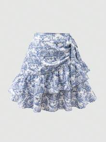 SHEIN Tween Girls' Fashionable Floral Print Ruffle Hem Mini Skirt, Summer - Multicolor - View 1