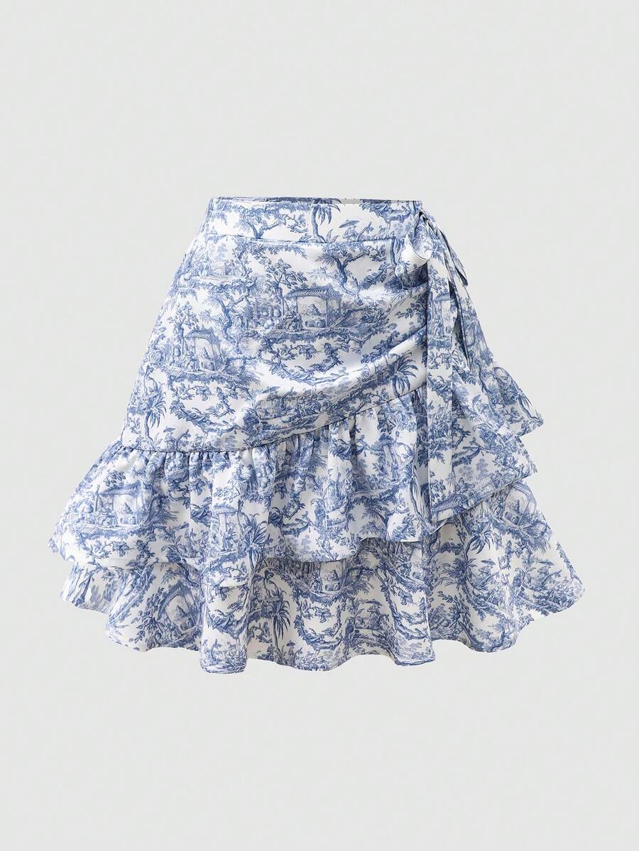 SHEIN Tween Girls' Fashionable Floral Print Ruffle Hem Mini Skirt, Summer - Multicolor - View 1