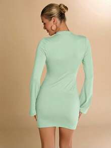 SHEIN BAE Women's Mock Neck Ruched Mini Bodycon Long Sleeve Dress, Suitable For Autumn/Winter, Layering, Casual, Office Wear - Mint Green - View 2