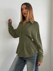 Aloruh Women's Apricot Casual Business Loose Waist Pleated Collar Long Sleeve Shirt, Autumn/Winter Army Green Top Green Blouses - Army Green - View 7
