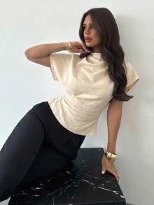 Firerie Crinkle Collar Asymmetric Sleeve Side Ruched Waist Slim Fit Apricot Bamboo Linen Fabric Blouse For Women, All Season - Apricot - View 7