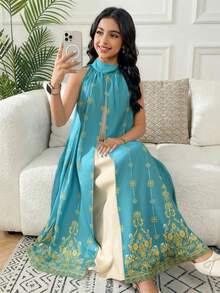 Tween Girl Loose Elegant Small Stand Collar Sleeveless Pattern Patchwork Solid Color Long Dress Tween Girl - Green - View 1