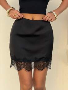 Muchica Women's Fashion New Black Satin Contrast Lace Trim Mini Dress For Going Out Outfits, Streetwear, Y2K Clothes, Valentine's Day - Black - View 3