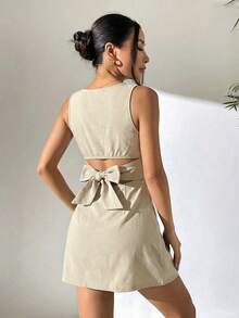 SHEIN EZwear Đầm kaki không tay, dệt kim, hở lưng dành cho nữ - Màu Khaki - Xem 2