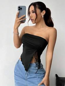 SHEIN EZwear 夏季不对称下摆单肩上衣，配有侧抽绳细节 - 黑色 - 查看 6