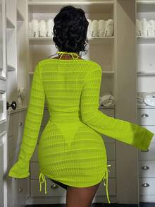 BamGleam Spring/Summer New Luminous Solid Neon Yellow Textured Fabric High Stretch Sexy Hollow Out Side Bodycon Slim Fit Black Party Outing Sailing Vacation Beach Outfit Women Romantic Vacation One-Piece Swimsuit Cover Up - Green - View 2