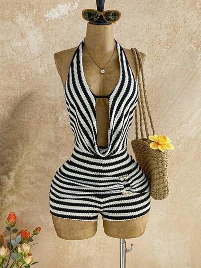 Soleia New Casual Vacation Western Beach Wedding Guest Attire Graduation Brunch Women's Outfit St. Patrick's Day Spring Break Easter Music Festival Elegant Bohemian Tropical Halter Backless Metal Beaded Textured Jumpsuit,Summer Outfits For Women