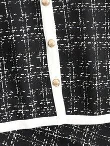 SHEIN Girls' Elegant Black And White Plaid Button-Up Short Sleeve Top And Matching Pants Set,Knit Print 2-Piece Outfit For Tea Party,Autumn Casual/Commute - Black and White - View 5