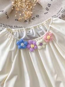 Vestido de princesa con estampado floral de manga abullonada para niña, vestido de verano con lindo estampado de flores - Albaricoque - Ver 4