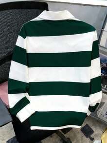 Manfinity Joysei Men's Casual Green And White Striped Long Sleeve Polo Shirt, Rugby Shirt