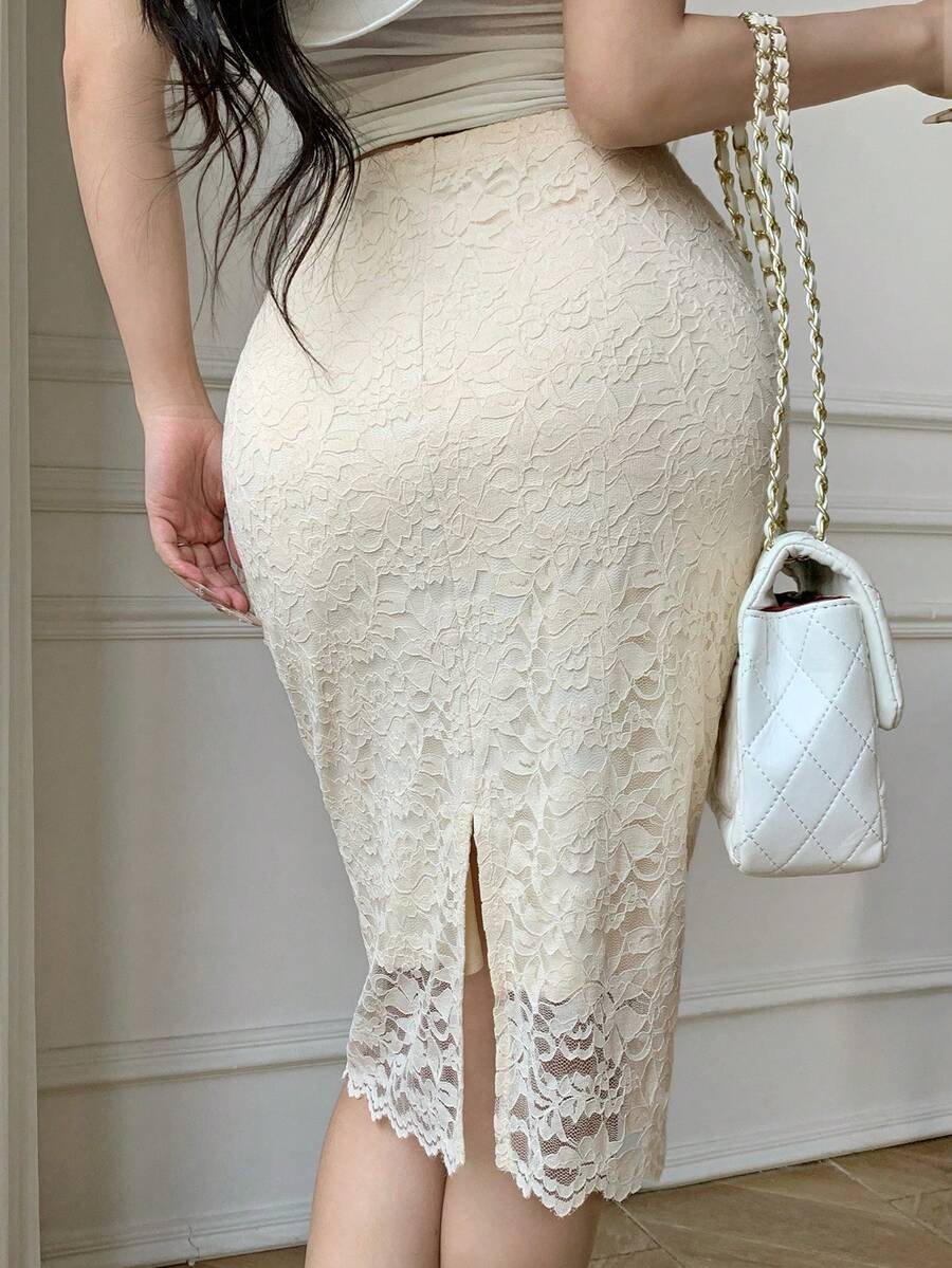Celisse Apricot Lace Slit Hem Elegant Women Pencil Skirt - Apricot - View 1