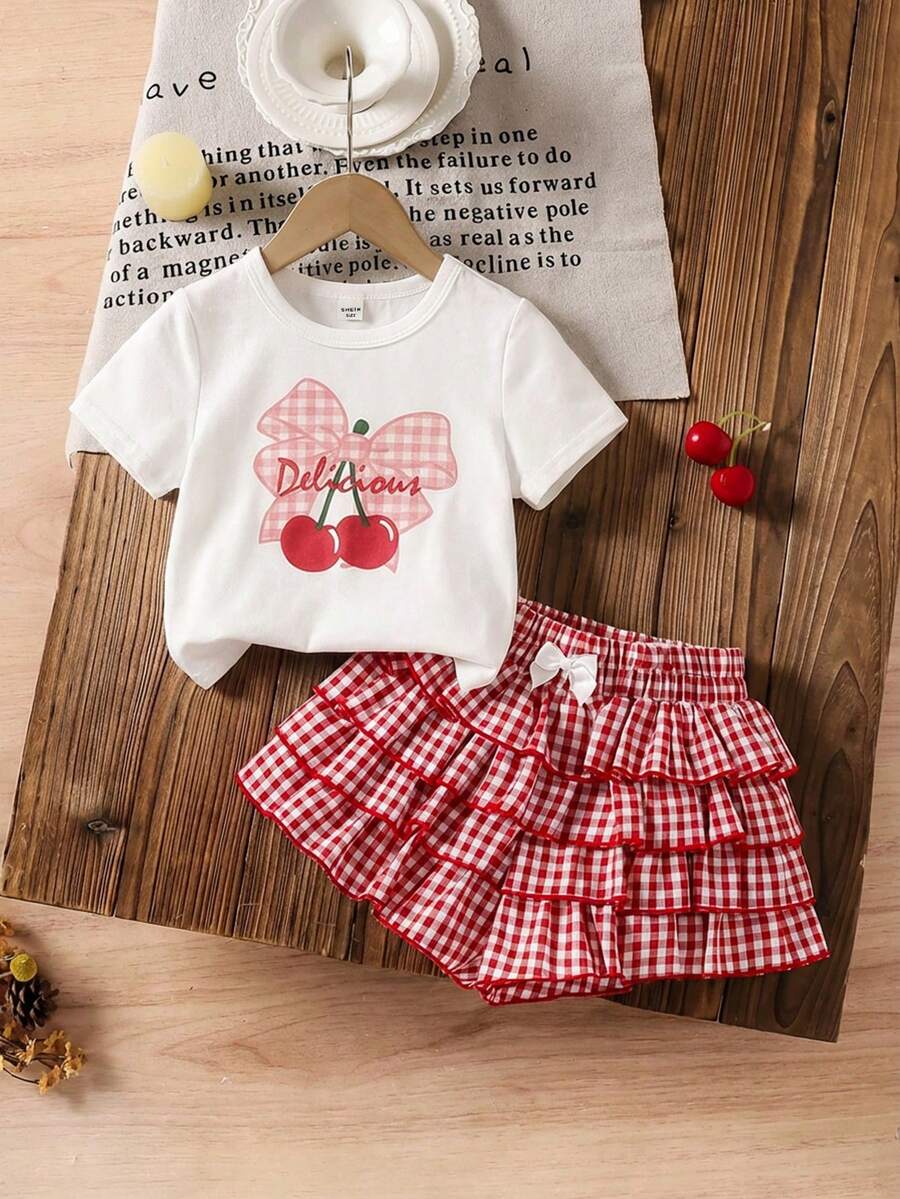 SHEIN LMoss Kids 2pcs/Set Young Girl Cherry Print Knit Top And Woven Plaid Skirt Outfit - Multicolor - View 1
